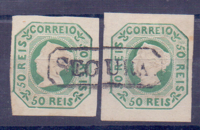 0002.jpg -     Lote:    2      Portugal * Clássico      Lotes Especiais       Descrição:         1853 &mdash; D. Maria II. CE3, 50 reis verde. Dois selos com margens largas, obliteradas com carimbos nominais "SEGURA". Podendo ao não pertencer à mesma correspondência, os dois selos em conjunto compõem na globalidade a marca nominal. O carimbo SEGURA tem características semelhantes ao aplicado nas correspondências pré-filatélicas seguras com origem em S. Miguel * Açores. Certificados de Peritagem do NFACP. Valor de catálogo dos dois exemplares &euro; 3.600,00        O       Valor Base:     &euro; 950,00     Valor Venda:     &euro; 1.900,00     