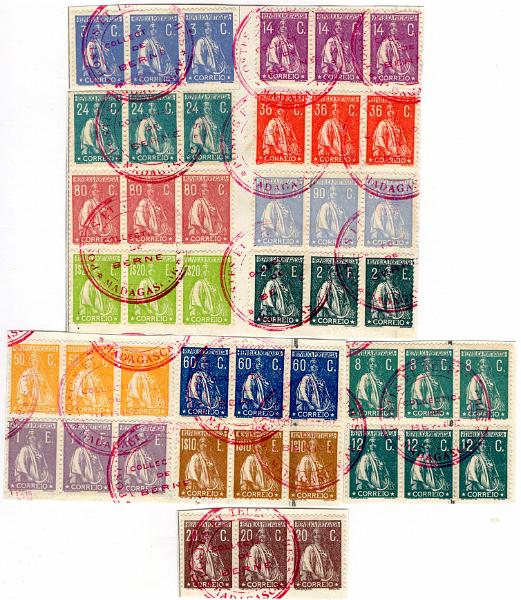 0009.jpg -     Lote:    9      Portugal &mdash; Ceres      Lotes Especiais       Descrição:         1920/22 &mdash; Ceres- CE235/251. Série incompleta em tiras de 3 selos. Denteado 12x11 &frac12;. Faltam os selos de 6c e 30c, nomeadamente carmim rosa e castanho. Fragmentos recortados das folhas oficiais com sobrecarga manual a vermelho dos "Correios de Madagáscar/Colecção de Berna". Estas colecções foram vendidas em 1990. (Ex - John Liles). Único conjunto conhecido.        PRV/FRG       Valor Base:     &euro; 600,00     Valor Venda:     Retirado     