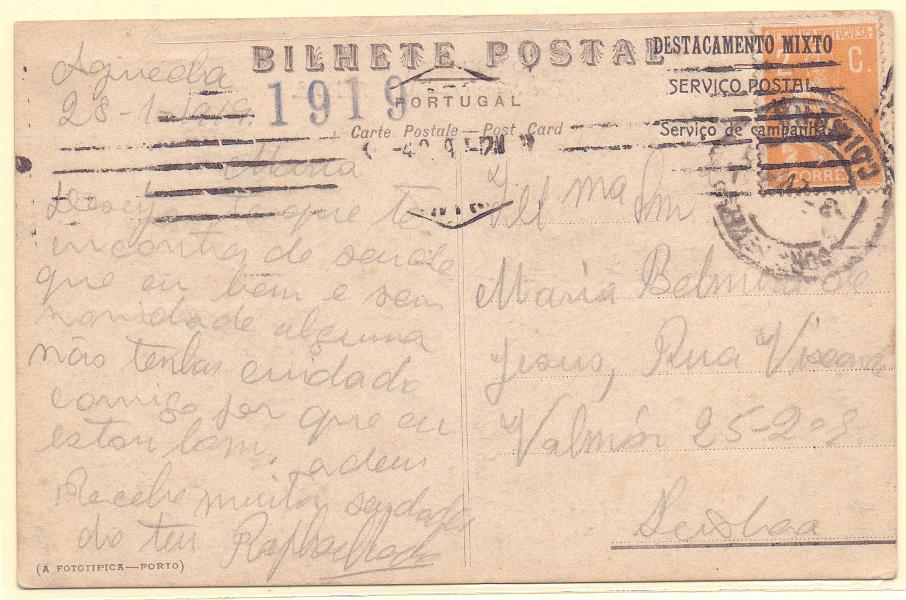 0014.jpg -     Lote:    14      Monarquia do Norte      Lotes Especiais       Descrição:         1919 &mdash; MONARQUIA DO NORTE. Bilhete postal ilustrado circulado de Águeda (28.01.19) para Lisboa (04.02.19) com trânsito por Coimbra (03.02.19), franquiado com selo tipo Ceres de 2C, denteado 15x14, CE223 e obliterado com marca de isenção de franquia batida a preto "DESTACAMENTO MIXTO / SERVIÇO POSTAL / SERVIÇO DE CAMPANHA", batida a preto. Beneficiando as forças republicanas do privilégio de isenção de franquia, ao abrigo do art.º 10.º do Regulamento para o Serviço de Campanha de 1912, conclui-se que o remetente pagou desnecessariamente o porte. Único exemplar conhecido deste período com o pagamento do porte. MR e MB.        PI       Valor Base:     &euro; 1.400,00     Valor Venda:     Retirado     