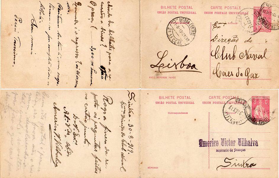0020.jpg -     Lote:    20      Inteiros Postais      Lotes Especiais       Descrição:      Portugal    1918/20 &mdash; Ceres. OM63, 3+3c carmim. As duas folhas circuladas: a primeira folha de Sintra (31.08.19) para Lisboa (31.08.19) e a segunda folha de Lisboa (02.09.19) para Sintra (03.09.19). Apenas conhecidos 2 exemplares com as duas folhas circuladas. MB e MR.         IC       Valor Base:     &euro; 1.000,00     Valor Venda:     &euro; 1.400,00     