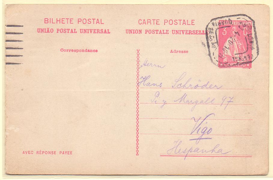 0021.jpg -     Lote:    21      Inteiros Postais      Lotes Especiais       Descrição:      Portugal    1918/20 &mdash; Ceres. OM64, 3+3C rosa carmim. Circulado de Lisboa (20.04.20) para Vigo. B e MR.        IC       Valor Base:     &euro; 1.000,00     Valor Venda:     Retirado     