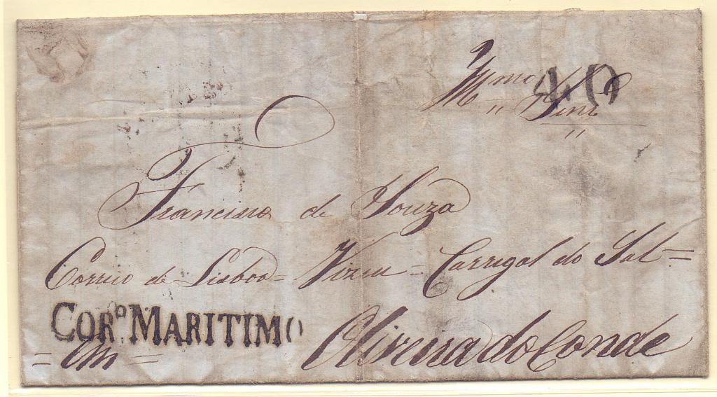 0024.jpg -     Lote:    24      Angola * Pré-filatelia      Lotes Especiais       Descrição:      COR.º MARÍTIMO * Angola.   A preto, GM LSB-M1 em carta datada de Moçamedes (14.09.1858) para Lisboa (12.02.59) com o porte de 40 reis batido a preto. Carta com manchas, porém de grande raridade.        Carta       Valor Base:     &euro; 500,00     Valor Venda:     Retirado     