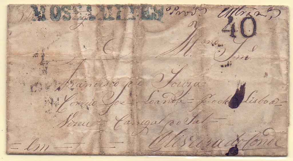 0027.jpg -     Lote:    27      Angola * Pré-filatelia      Lotes Especiais       Descrição:      Mossamedes &mdash;   A verde. Carta circulada de Moçamedes (17.07.54) para Oliveira do Conde com trânsito por Lisboa, com o porte de 40 reis batido a sépia em Lisboa. No verso carimbo batido a preto "ABATIDA". Carta com manchas de elevada raridade.        Carta       Valor Base:     &euro; 1.000,00     Valor Venda:     &euro; 1.500,00     