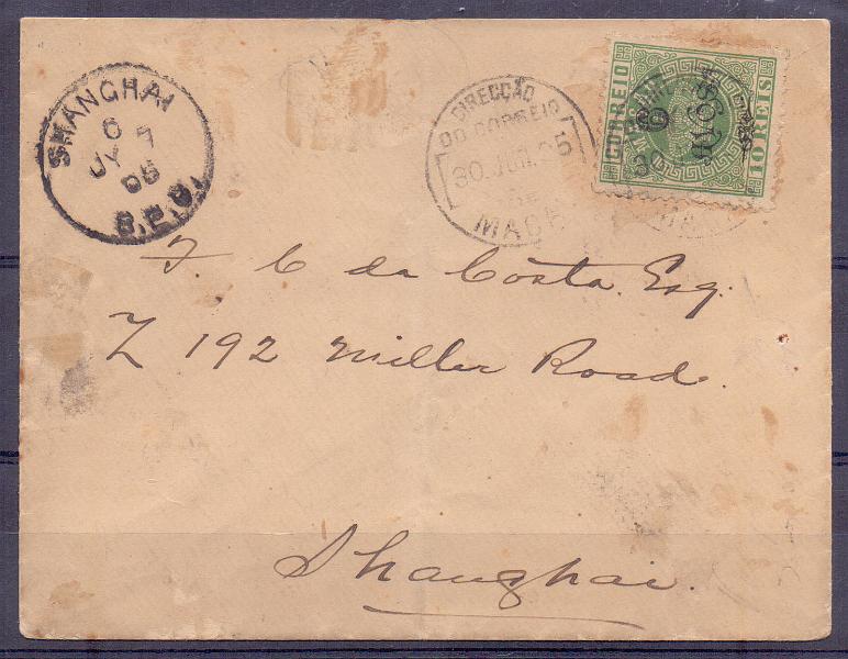 0028.jpg -     Lote:    28      Macau      Lotes Especiais       Descrição:         1902 &mdash; Tipo Coroa, com sobrecarga. Sobrescrito circulado de Macau (30.06.05) para Shangai (07.07.05), com trânsito em Hong-Kong (30.06.05), com o selo 6 avos s/10r verde, CE101        Carta       Valor Base:     &euro; 400,00     Valor Venda:     &euro; 800,00     