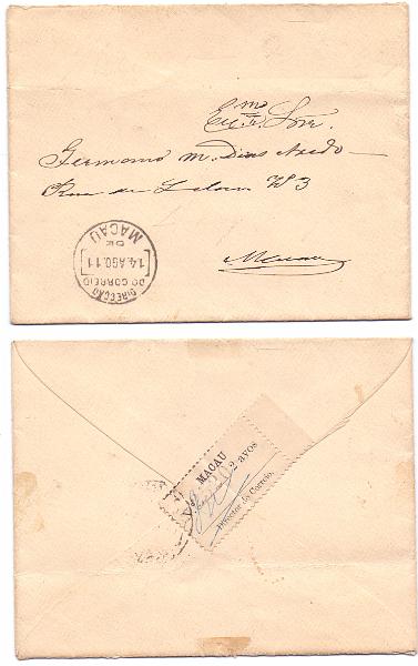 0030.jpg -     Lote:    30      Macau      Lotes Especiais       Descrição:         1911 &mdash; Tipo Etiqueta. CE148, 2 avos em sobrescrito circulado em Macau (14.08.11). Selo bordo de folha. MB e MR.        Carta       Valor Base:     &euro; 600,00     Valor Venda:     Retirado     