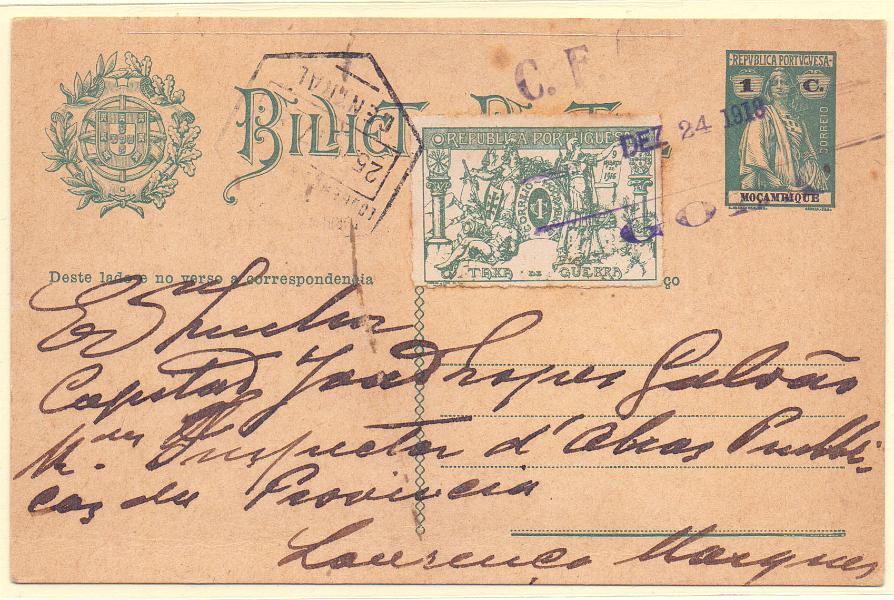 0032.jpg -     Lote:    32      Correio ferroviário      Lotes Especiais       Descrição:      Moçambique   Correio ferroviário. 1912 &mdash; Ceres. OM28, 1c verde. Circulado de Goba (24.12.18) para Lourenço Marques (25.12.18), com selo adicional do imposto postal * Taxa de Guerra de 1c CE IP1. Carimbo batido a violeta "C. F. ??? / DEZ 24 1918 / GOBA". B e MR.        IC       Valor Base:     &euro; 250,00     Valor Venda:     &euro; 280,00     
