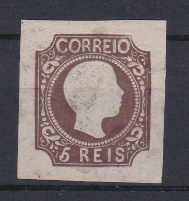 0030.jpg -     Lote:    30      Coleção Olissipo             Descrição:         1856/58 &mdash; D. Pedro V. Cabelos anelados. CE 10, 5 reis, cunho II, castanho escuro, com margens de luxo. Valor de catálogo &euro; 360,00.        (*)       Valor Base:     &euro; 40,00     Valor Venda:     &euro; 55,00       