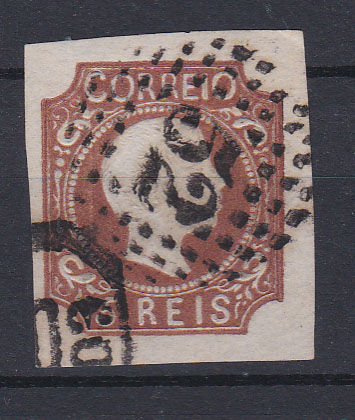 0031.jpg -     Lote:    31      Coleção Olissipo             Descrição:         1856/58 &mdash; D. Pedro V. Cabelos anelados. CE 10, 5 reis, cunho IV, castanho vermelho. Selo com margens largas. Valor de catálogo &euro; 265,00.        O       Valor Base:     &euro; 30,00     Valor Venda:     Retirado     