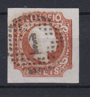 0035.jpg -     Lote:    35      Coleção Olissipo             Descrição:         1856/58 &mdash; D. Pedro V. Cabelos anelados. CE 10, 5 reis, cunho VIII, castanho amarelo. Selo com margens largas. Valor de catálogo &euro; 245,00.        O       Valor Base:     &euro; 25,00     Valor Venda:     &euro; 30,00       