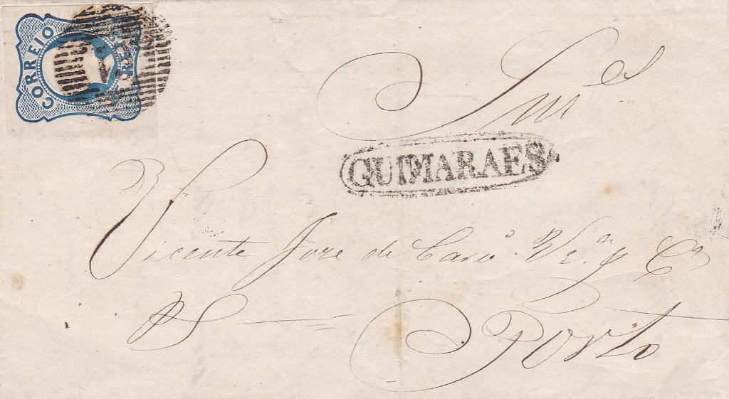 0040.jpg -     Lote:    40      Coleção Olissipo             Descrição:         1856/58 &mdash; D. Pedro V. Cabelos anelados. CE11, 25 reis linhas simples, com margens de luxo, em carta circulada de Guimarães (20.05.56) para o Porto (21.05.56). Carimbo nominativo batido a preto.        Carta       Valor Base:     &euro; 35,00     Valor Venda:     &euro; 35,00       