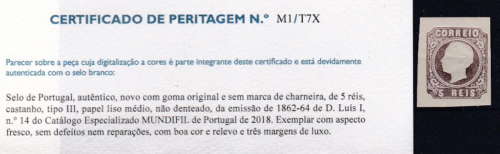 0052.jpg -     Lote:    52      Coleção Olissipo             Descrição:         1862/64 &mdash; D. Luís I. CE14, 5 reis, cunho III. Selo com margens largas, goma original sem charneira. Bonito exemplar. Valor de catálogo &euro; 235,00. Certificado de Peritagem de J. Miranda da Mota        ***       Valor Base:     &euro; 50,00     Valor Venda:     &euro; 65,00       
