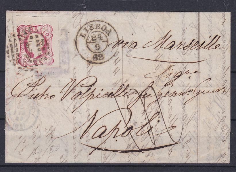 0063.jpg -     Lote:    63      Coleção Olissipo             Descrição:         1862/64 &mdash; D. Luís I. CE16, 25 reis carmim rosa, cunho IV. Selo com margens de luxo em carta circulada de Lisboa (24.09.62) para Nápoles, para pagamento do porte interno. MB e R.        Carta       Valor Base:     &euro; 30,00     Valor Venda:     &euro; 40,00       