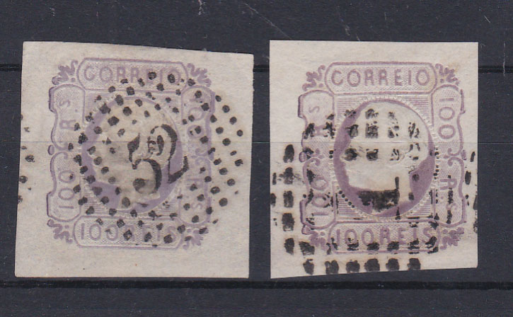 0070.jpg -     Lote:    70      Coleção Olissipo             Descrição:         1862/64 &mdash; D. Luís I. CE18, 100 reis. Lote de dois selos com margens de luxo e diferentes tonalidades. Valor de catálogo &euro; 330,00.        O       Valor Base:     &euro; 40,00     Valor Venda:     &euro; 44,00       