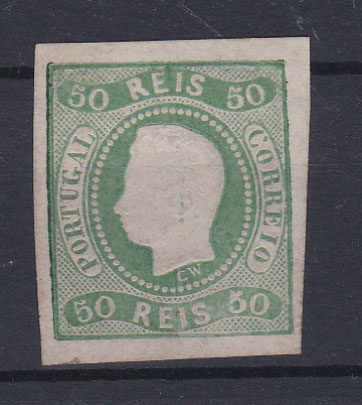 0077.jpg -     Lote:    77      Coleção Olissipo             Descrição:         1866/67 &mdash; D. Luís I. Fita curva, não denteados. CE23, 50 reis verde. Selo com margens normais e goma não original. Valor de catálogo &euro; 200,00.        (*)       Valor Base:     &euro; 25,00     Valor Venda:     &euro; 25,00       