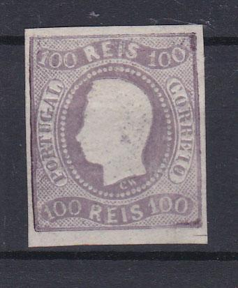 0079.jpg -     Lote:    79      Coleção Olissipo             Descrição:         1866/67 &mdash; D. Luís I. Fita curva, não denteados. CE25, 100 reis lilás malva, cunho I. Selo com margens normais e goma não original. Valor de catálogo &euro; 260,00.        (*)       Valor Base:     &euro; 30,00     Valor Venda:     &euro; 30,00       