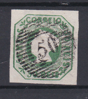 0092.jpg -     Lote:    92      Coleção Olissipo             Descrição:         Precursores. 1853 &mdash; D. Maria II. CE3, 50 reis, cunho I, com boas margens, obliterado com carimbo da 1.ª reforma de 20 barras batido a preto "50 &mdash; PONTA DELGADA. Valor de catálogo &euro; 2.500,00.        O       Valor Base:     &euro; 300,00     Valor Venda:     &euro; 500,00       