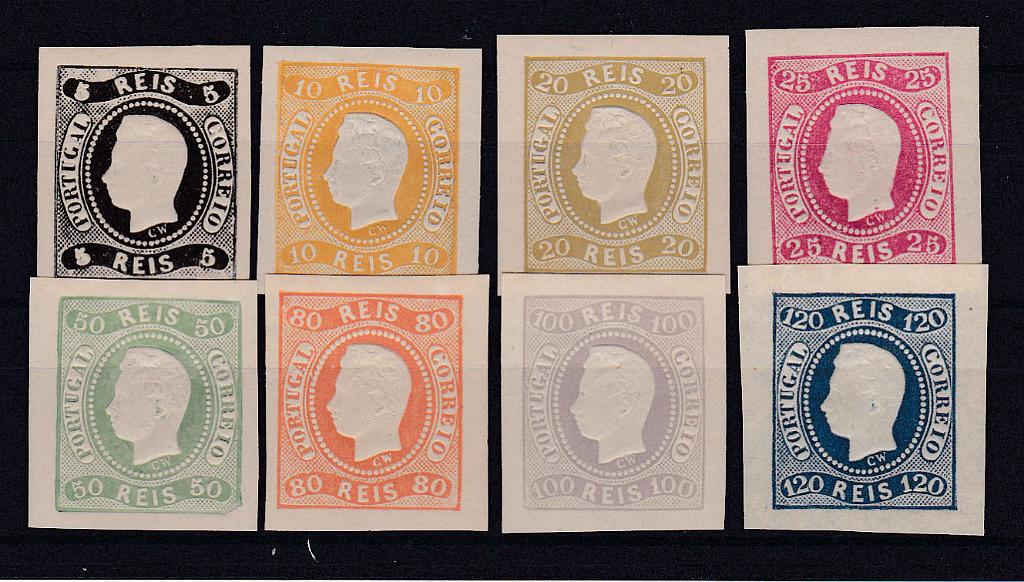 0111.jpg -     Lote:    111      Coleção Olissipo             Descrição:         Reimpressões de 1885. 1866/67 &mdash; D. Luís I. Fita curva, não denteados. CE 19/26. Série completa. Todas as reimpressões com margens de luxo e goma original. Valor de catálogo &euro; 640,00. MB e R.        R**       Valor Base:     &euro; 125,00     Valor Venda:     &euro; 220,00       