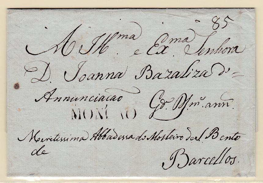 0197.jpg -     Lote:    197            Portugal       Descrição:         Monção &mdash; A sépia, GM MNC1 em carta datada de Santa Maria de Abedim (21.01.15) para Barcelos, com o porte de 85 reis manuscrito a sépia.        Carta       Valor Base:     &euro; 15,00     Valor Venda:     Retirado     