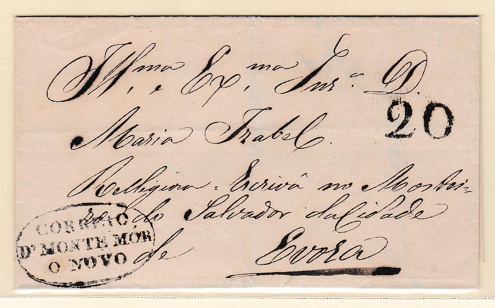 0200.jpg -     Lote:    200            Portugal       Descrição:         Montemor-o-Novo &mdash; A preto, GM MMN4, em carta datada de Mora (01.01.52) para Évora, com o porte de 20 reis batido a sépia.        Carta       Valor Base:     &euro; 25,00     Valor Venda:     &euro; 50,00       