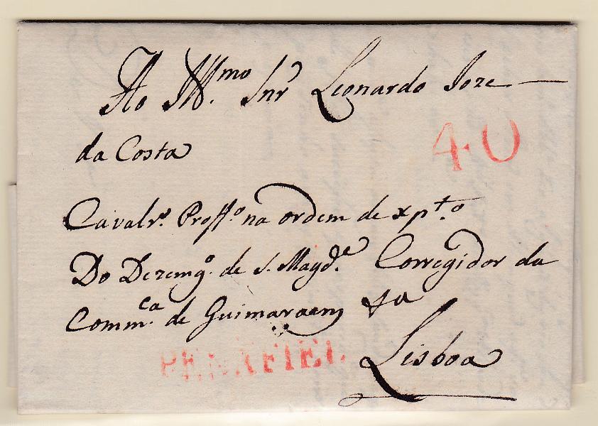 0204.jpg -     Lote:    204            Portugal       Descrição:         Penafiel &mdash; A vermelho, GM PNF1 em carta datada de Abrigão (21.10.16) para Lisboa, com o porte de 40 reis batido a vermelho.        Carta       Valor Base:     &euro; 15,00     Valor Venda:     Retirado     