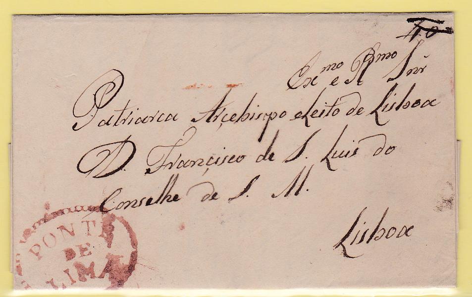 0209.jpg -     Lote:    209            Portugal       Descrição:         Ponte de Lima &mdash; A vermelho, GM PTL3 em carta datada de Ponte de Lima (22.12.41) para Lisboa, com o porte de 40 reis manuscrito a sépia, posteriormente anulado.        Carta       Valor Base:     &euro; 12,00     Valor Venda:     Retirado     