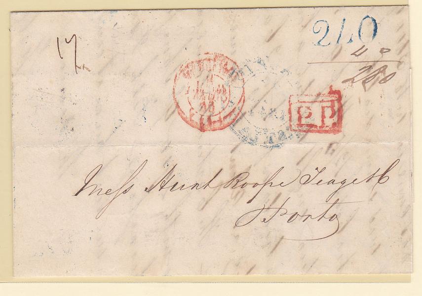 0226.jpg -     Lote:    226            Cartas do Estrangeiro       Descrição:         Cartas do Estrangeiro. Carta remetida de Inglaterravia França * Bayonne (08.03.44) para o Porto (21.03.44) com trânsito por Madrid (12.03.44) e Lisboa (18.03.44), com o porte de 240 reis batido a azul + 40 reis a manuscrito pelo porte interno.        Carta       Valor Base:     &euro; 15,00     Valor Venda:     &euro; 16,00       