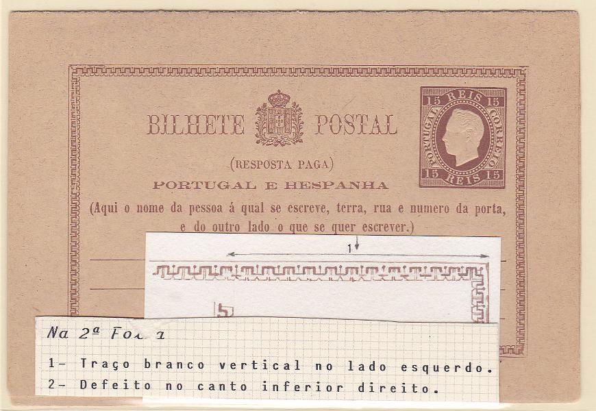 0229.jpg -     Lote:    229            Portugal       Descrição:         1878/79 &mdash; D. Luís I. Fita direita. Impressão em relevo. OM3, 15+15 reis, com variedades de impressão na 2.ª folha (RESPOSTA) de acordo com desenho junto.        IN       Valor Base:     &euro; 8,00     Valor Venda:     &euro; 8,00       