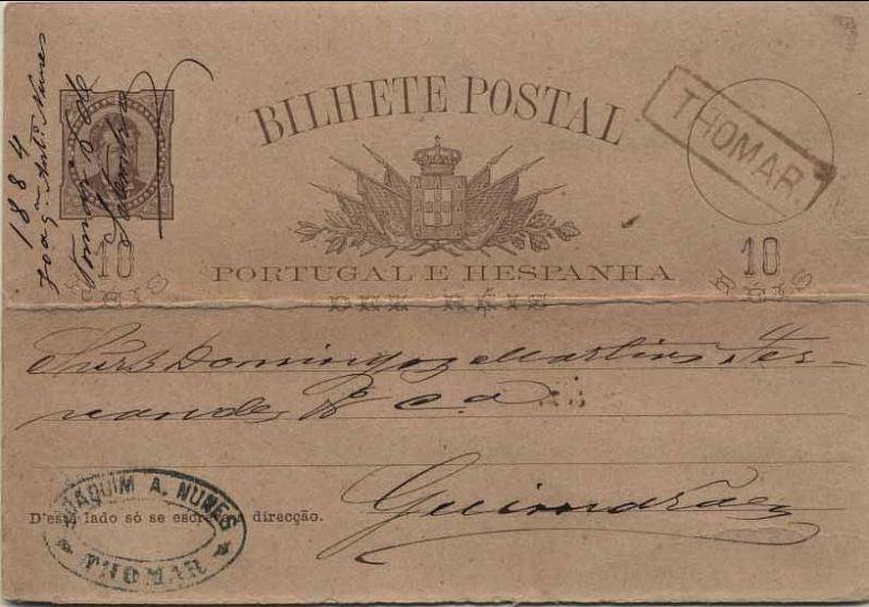 0234.jpg -     Lote:    234            Portugal       Descrição:         1884/87 &mdash; D. Luís I de frente. OM9, 10 reis castanho claro, circulado de Tomar (06.09.84) para o Guimarães (07.09.84). Carimbo nominativo THOMAR batido a sépia. Dobra horizontal ao centro.        IC       Valor Base:     &euro; 8,00     Valor Venda:     Retirado     