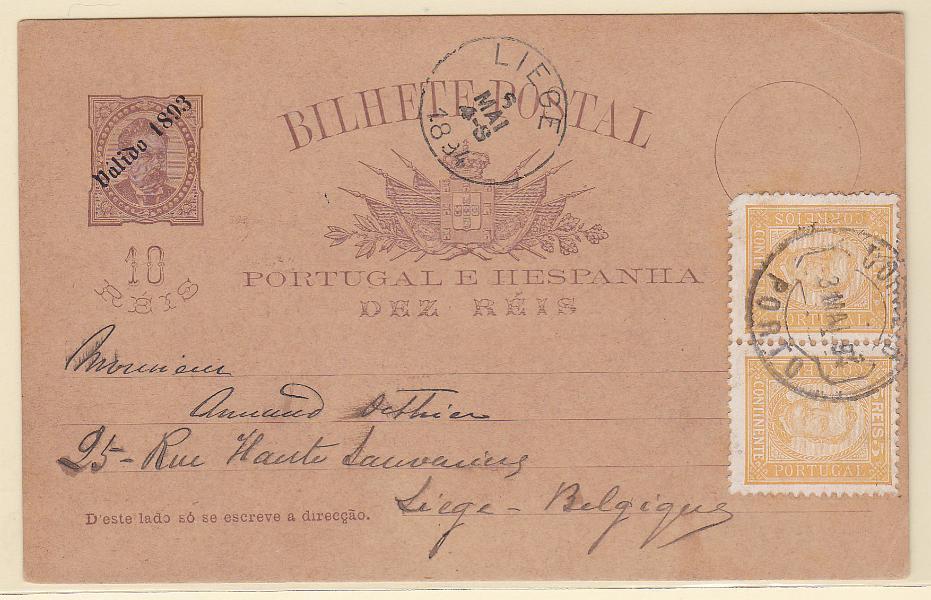 0239.jpg -     Lote:    239            Portugal       Descrição:         1893 &mdash; D. Luís I. De frente. Com sobrecarga "Válido 1893". OM19, 10 reis. Circulado do Porto (03.05.94) para a Bélgica (06.05.94) com adicional de 5 reis (par) CE68.        IC       Valor Base:     &euro; 18,00     Valor Venda:     Retirado     