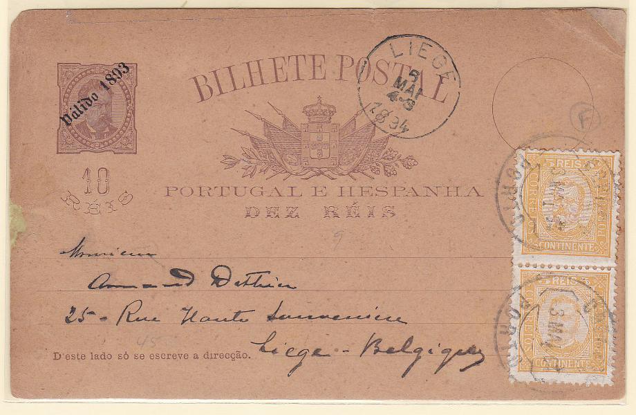 0240.jpg -     Lote:    240            Portugal       Descrição:         1893 &mdash; D. Luís I, de frente, com sobrecarga "Válido 1893". OM19, 10 reis. Circulado do Porto (03.05.93) para a Bélgica (05.05.94), com dois selos adicionais de 5 reis CE68. Pequenos defeitos.        IC       Valor Base:     &euro; 10,00     Valor Venda:     Retirado     