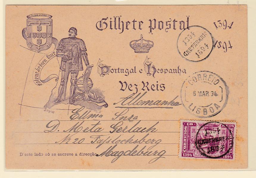 0241.jpg -     Lote:    241            Portugal       Descrição:         1894 &mdash; V Centenário do Nascimento do Infante D. Henrique. OM20, 10 reis. Circulado de Lisboa (06.03.94) para a Alemanha, com selo adicional de 10 reis da emissão comemorativa do Infante D. Henrique CE99.         IC       Valor Base:     &euro; 35,00     Valor Venda:     &euro; 38,00       
