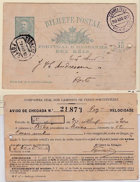 0242.jpg -     Lote:    242            Portugal       Descrição:         1896 &mdash; D. Carlos I Mouchon. OM23, 10 reis, circulado de Vila Nova de Gaia (30.04.00) para o Porto (30.04.00). Repicado por COMPANHIA REAL DOS CAMINHOS DE FERRO PORTUGUEZES". Carimbo nominativo ferroviário a violeta "V.A N.A DE GAIA". B e R.        IC       Valor Base:     &euro; 20,00     Valor Venda:     Retirado     