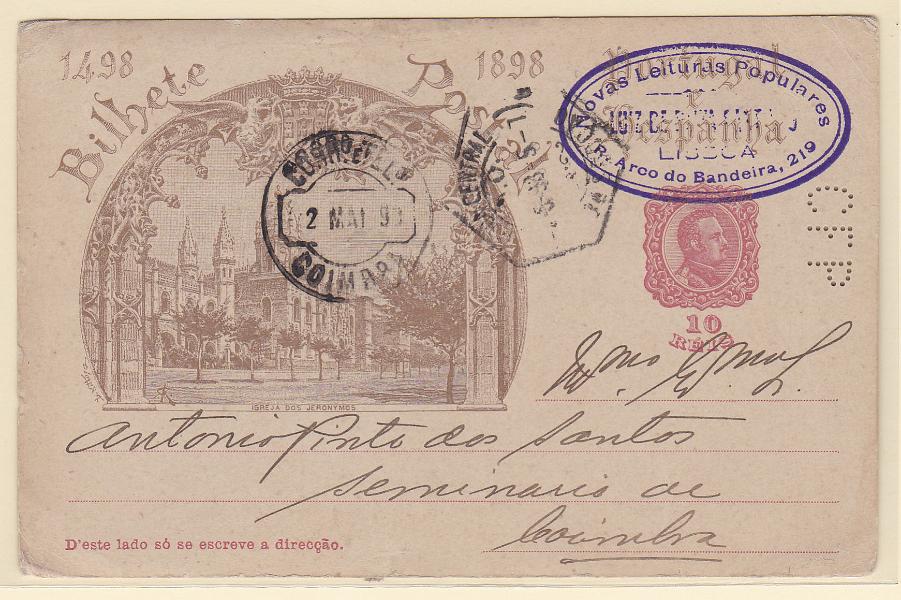 0245.jpg -     Lote:    245            Portugal       Descrição:         1898 &mdash; 4.º Centenário do Descobrimento do Caminho Marítimo para a Índia. OM29B, 10 reis circulado de Lisboa (01.05.98) para Coimbra (02.05.98). Inteiro com perfuração C F P &mdash; Credit Franco-Portugais.        IC       Valor Base:     &euro; 20,00     Valor Venda:     &euro; 28,00       