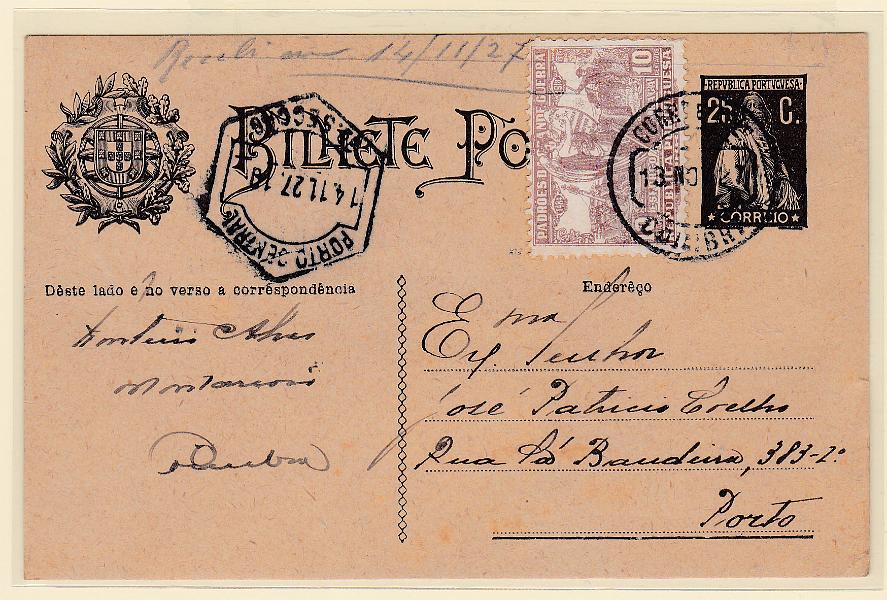 0255.jpg -     Lote:    255            Portugal       Descrição:         1924/26 &mdash; Ceres. OM74, 25C, preto, Enderêço", circulado de Coimbra (10.11.27) para o Porto, com selo do Imposto Postal "Padrões da Grande Guerra", de 10C CE IP16.        IC       Valor Base:     &euro; 10,00     Valor Venda:     Retirado     