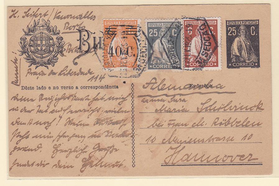 0257.jpg -     Lote:    257            Portugal       Descrição:         1924/26 &mdash; Ceres. Aumento de porte. OM74, 25C. Circulado do Porto (23.02.29) para Hanover, com selos adicionais tipo Ceres de 6C CE400, 25C CE404 e 40C s/ 2 C CE466.        IC       Valor Base:     &euro; 28,00     Valor Venda:     &euro; 28,00       