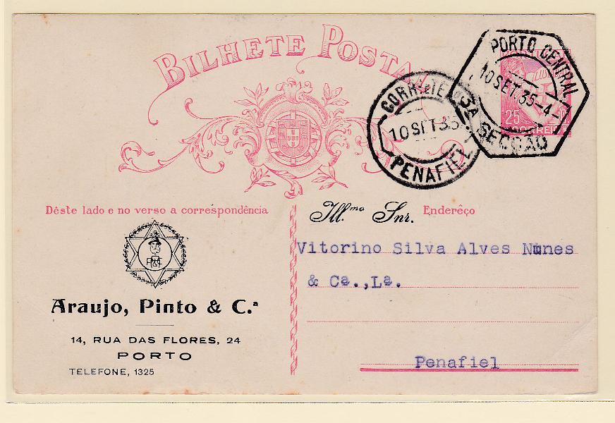 0258.jpg -     Lote:    258            Portugal       Descrição:         1931 &mdash; Lusíadas. CE80, 25C. Circulado do Porto (10.09.35) para Penafiel. Repicado por: ARAUJO, PINTO & C.ª".        IC       Valor Base:     &euro; 8,00     Valor Venda:     Retirado     