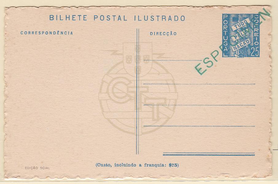 0259.jpg -     Lote:    259            Portugal       Descrição:         1937 &mdash; Tudo pela Nação * 1.ª série não numerada. Ilustrados no verso com monumentos, costumes e paisagens. OM86 * Castelo de Leiria. Inteiro com sobrecarga "ESPECIMEN", impressa a verde.        IN       Valor Base:     &euro; 10,00     Valor Venda:     Retirado     
