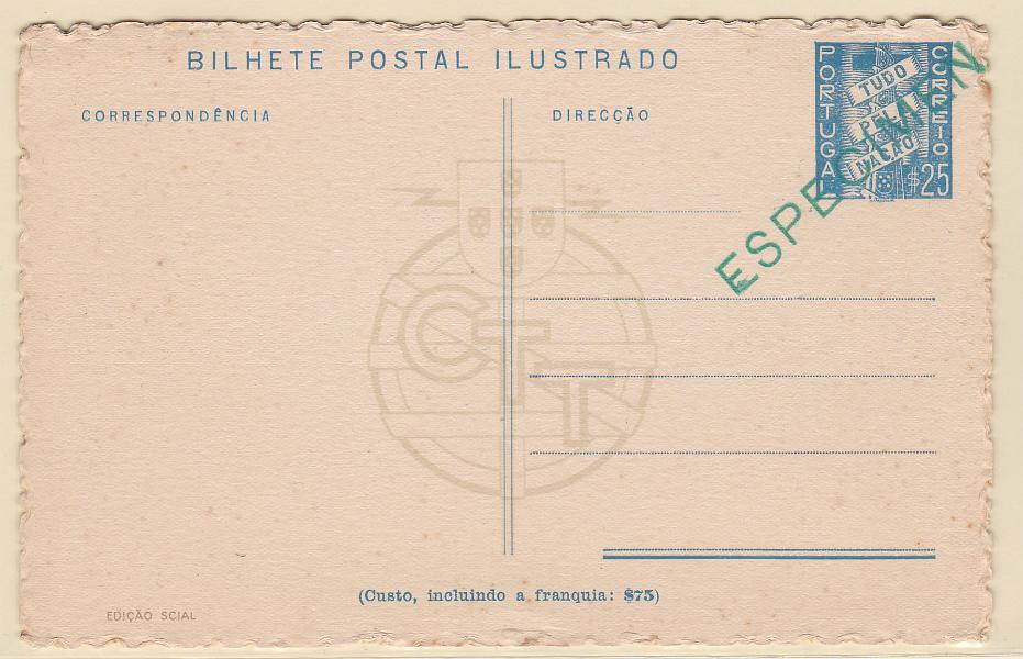 0260.jpg -     Lote:    260            Portugal       Descrição:         1937 &mdash; Tudo pela Nação * 1.ª série não numerada. Ilustrados no verso com monumentos, costumes e paisagens. OM86 * Minho paisagem. Inteiro com sobrecarga "ESPECIMEN", impressa a verde.        IN       Valor Base:     &euro; 10,00     Valor Venda:     Retirado     