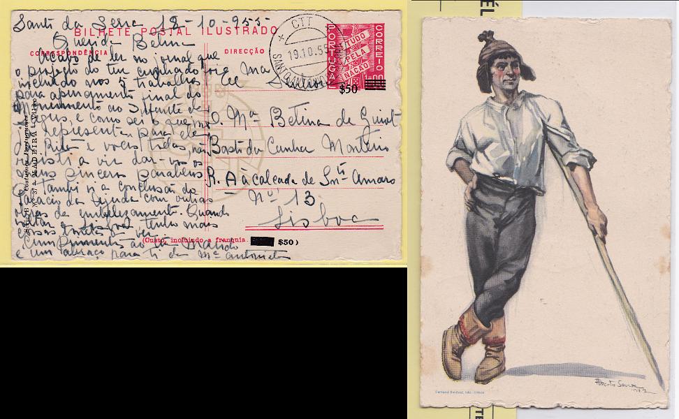 0262.jpg -     Lote:    262            Portugal       Descrição:         1953 &mdash; Selo tipo Tudo pela Nação. Série B &mdash; Costumes Portugueses. Com sobretaxa. OM127, $50 s/ 1$00. N.º 37 &mdash; Madeira * Vilão. Circulado de SANTO ANTÓNIO DA SERRA (19.10.55) para Lisboa.        IC       Valor Base:     &euro; 12,00     Valor Venda:     Retirado     