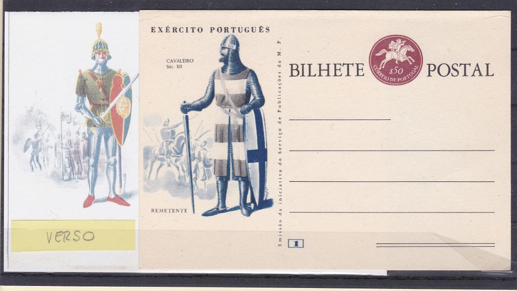 0263.jpg -     Lote:    263            Portugal       Descrição:         1964 &mdash; Selo tipo Postilhão. Série Fardamentos do Exército Português. OM158, $50 castanho-lilás escuro. N.º 1 &mdash; Cavaleiro / Séc. XII. Inteiro postal novo com impressão no verso da gravura do inteiro n.º 6 &mdash; Guerreiro de Arzila / Séc. XV, e com falta de impressão de algumas cores. MB e MR.        PRV       Valor Base:     &euro; 20,00     Valor Venda:     &euro; 20,00       