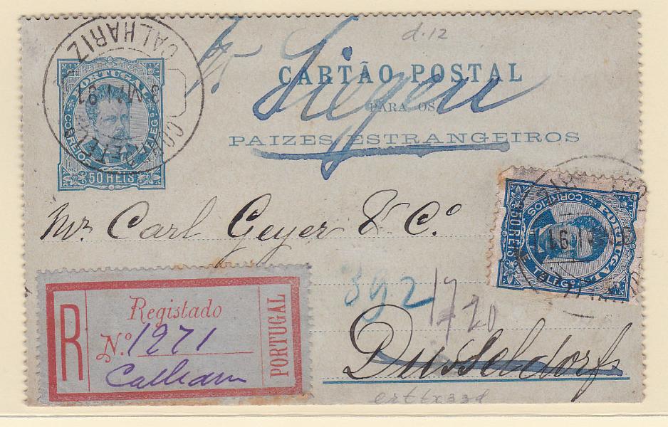 0264.jpg -     Lote:    264            Portugal       Descrição:         1887 &mdash; D. Luís I. De frente. Cartões Postais. OM2, 50 reis azul. Circulado registado do Calhariz (03.05.91) para a Alemanha (06.05.91) com selo adicional de 50 reis CE58, denteado 12 &frac12;, papel porcelana. B e R.        IC       Valor Base:     &euro; 30,00     Valor Venda:     &euro; 36,00       