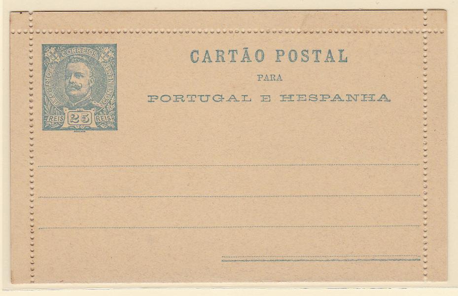 0265.jpg -     Lote:    265            Portugal       Descrição:         1896 &mdash; D. Carlos I Mouchon. Cartões-Postais. OM5a, cartolina creme, com perfuração C (NÃO CATALOGADA). MR.        IN       Valor Base:     &euro; 35,00     Valor Venda:     &euro; 38,00       