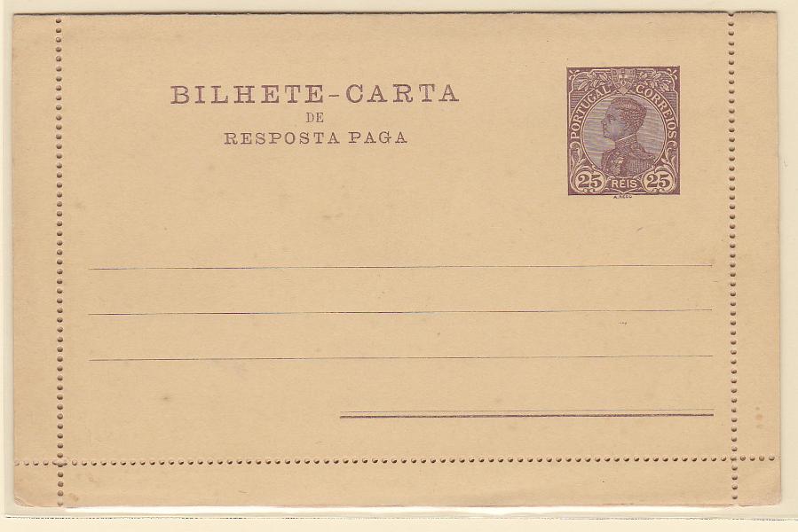 0266.jpg -     Lote:    266            Portugal       Descrição:         1910 &mdash; D. Manuel II. Cartões-Postais. OM12, 25+25 reis. Inteiro novo, com perfuração tipo C, invertida (NÃO CATALOGADO). MR.        IN       Valor Base:     &euro; 35,00     Valor Venda:     &euro; 35,00       