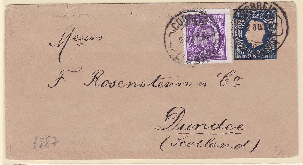 0269.jpg -     Lote:    269            Portugal       Descrição:         1879 &mdash; D. Luís I. Fita direita. Impressão em relevo. Sobrescritos. OM 1-B, 25 reis. Circulado de Lisboa (02.10.87) para a Escócia, com adicional de 25 reis CE63. MB.        IC       Valor Base:     &euro; 25,00     Valor Venda:     Retirado     