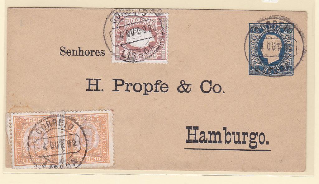 0270.jpg -     Lote:    270            Portugal       Descrição:         1879 &mdash; D. Luís I. Fita direita. Sobrescritos * Formato médio. OM1, 25 reis azul. Circulado de Lisboa (04.10.92) para Hamburgo (07.10.92) com selos adicionais de 5 reis (par) CE68, e 15 reis CE38. MB e MR.        IC       Valor Base:     &euro; 90,00     Valor Venda:     &euro; 100,00       