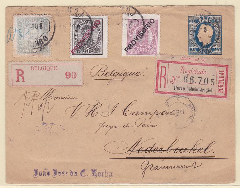 0271.jpg -     Lote:    271            Portugal       Descrição:         1879 &mdash; D. Luís I. Fita direita. Sobrescritos * Formato grande. OM1, 25 reis azul. Circulado registado do Porto (08.12.92) para a Bélgica (12.12.92) com selos adicionais de 5 reis CE82, 25 reis CE86 e 50 reis CE71a. MB e MR.        IC       Valor Base:     &euro; 100,00     Valor Venda:     Retirado     