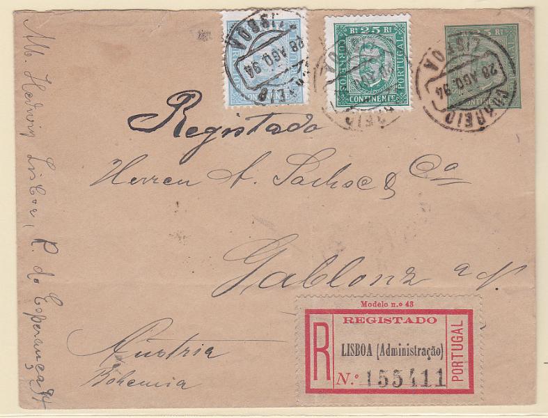 0273.jpg -     Lote:    273            Portugal       Descrição:         1893 &mdash; D. Carlos I, tipo Diogo Neto. Sobrescritos. OM3, 25 reis em papel camurça. Circulado registado de Lisboa (28.08.94) para a Áustria (02.10.94) com selos adicionais tipo D. Carlos I Diogo Neto de 25 reis CE70 e 50 reis CE71. MB e MR.        IC       Valor Base:     &euro; 65,00     Valor Venda:     Retirado     