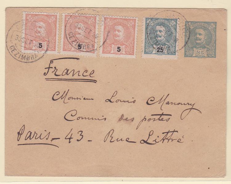 0274.jpg -     Lote:    274            Portugal       Descrição:         1896 &mdash;D. Carlos I Mouchon. OM5, 25 reis verde sobre papel camurça. Circulado de Sesimbra (30.09.98) para Paris (03.10.98) com selos adicionais de D. Carlos I Mouchon de 5 reis (3) CE127 e 25 reis CE131). B.        IC       Valor Base:     &euro; 35,00     Valor Venda:     Retirado     