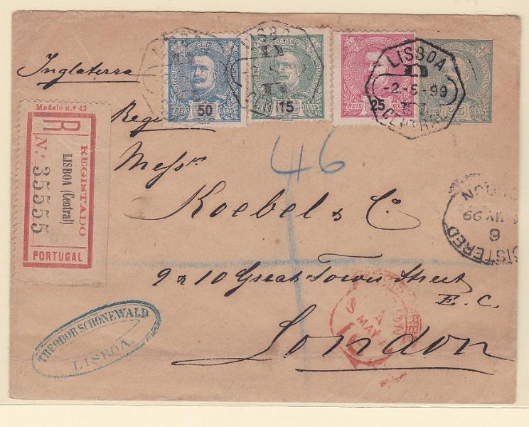 0275.jpg -     Lote:    275            Portugal       Descrição:         1896 &mdash; D. Carlos I Mouchon. OM5, 25 reis verde sobre papel camurça. Circulado registado de Lisboa (02.05.99) para Londres (08.05.99) com selos adicionais de D. Carlos I Mouchon de 15 reis CE140, 25 reis CE141 e 50 reis CE143). B.        IC       Valor Base:     &euro; 60,00     Valor Venda:     Retirado     