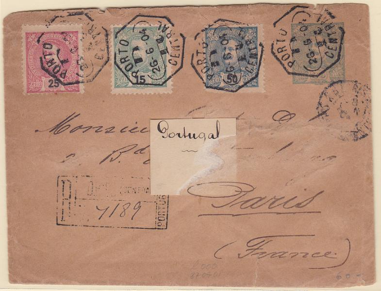 0276.jpg -     Lote:    276            Portugal       Descrição:         1896 &mdash; D. Carlos I Mouchon. OM5, 25 reis. Circulado registado do Porto (26.06.04) para Paris (29.06.04) com adicionais D. Carlos I Mouchon CE129, 131 e 131, 15, 25 e 50 reis.        IC       Valor Base:     &euro; 25,00     Valor Venda:     &euro; 25,00       